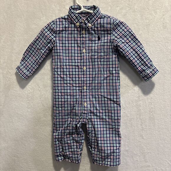 Ralph Lauren Baby Boy Coveralls Romper 6 Months Plaid Collared Lined Preppy - Picture 1 of 13